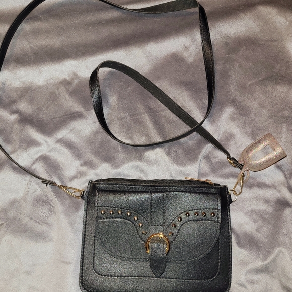 Handbags - Black crossbody purse with mini glitter sanitizer attachment.